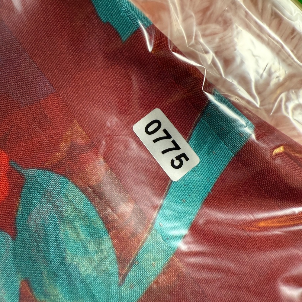 Designer Floral Silk Scarf Red Teal Roses Ribbon Accent - Picture 5 of 5